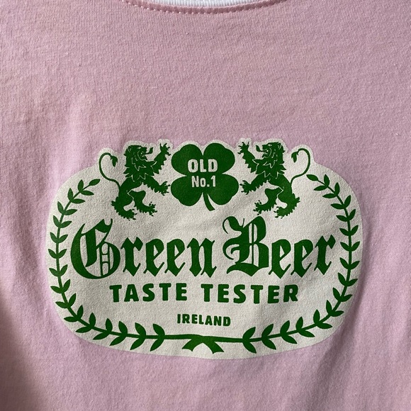 T-shirt with pink body/white 3/4 sleeves w/ “Green Beer Taste Tester” insignia - Picture 2 of 6